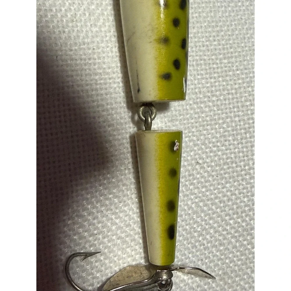 Vintage Jointed Wood Fishing Lure Yellow Green Spotted Propeller Bait NB042